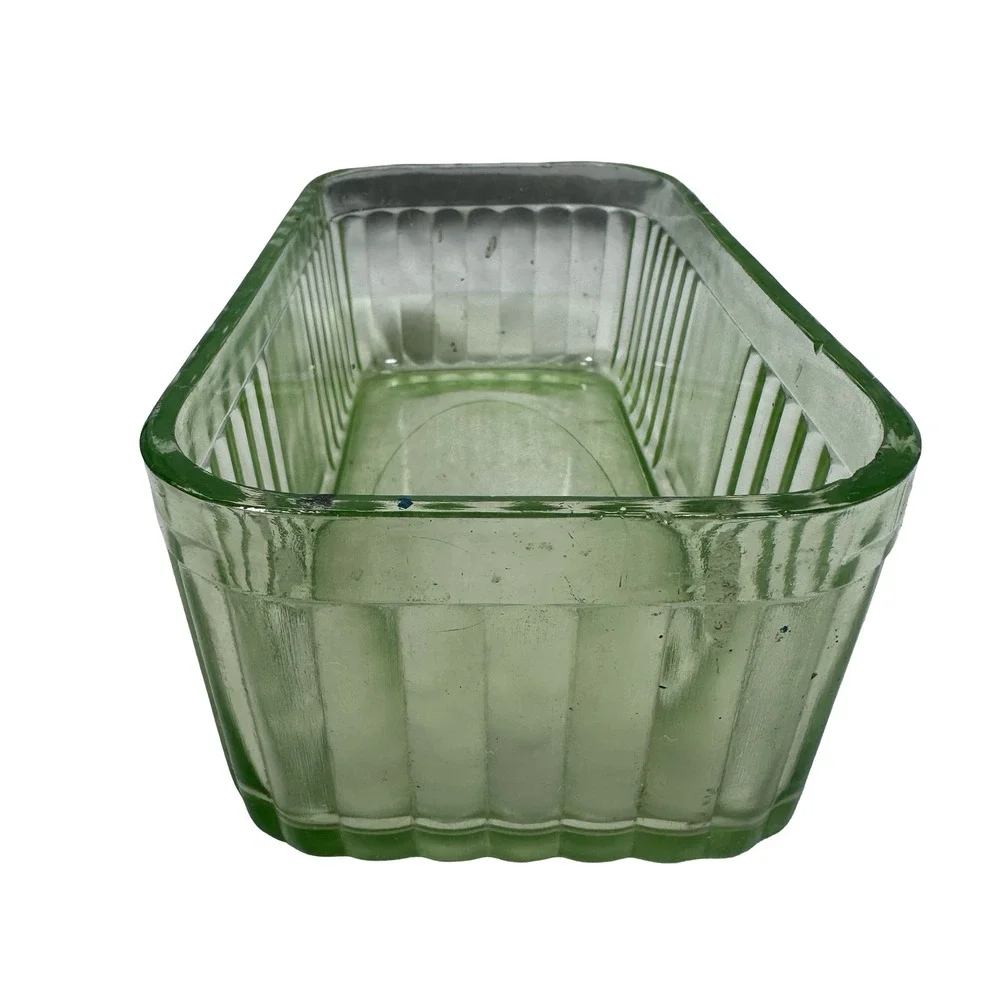Vintage Green Uranium Depression Glass Ribbed Rectangular Refrigerator Dish